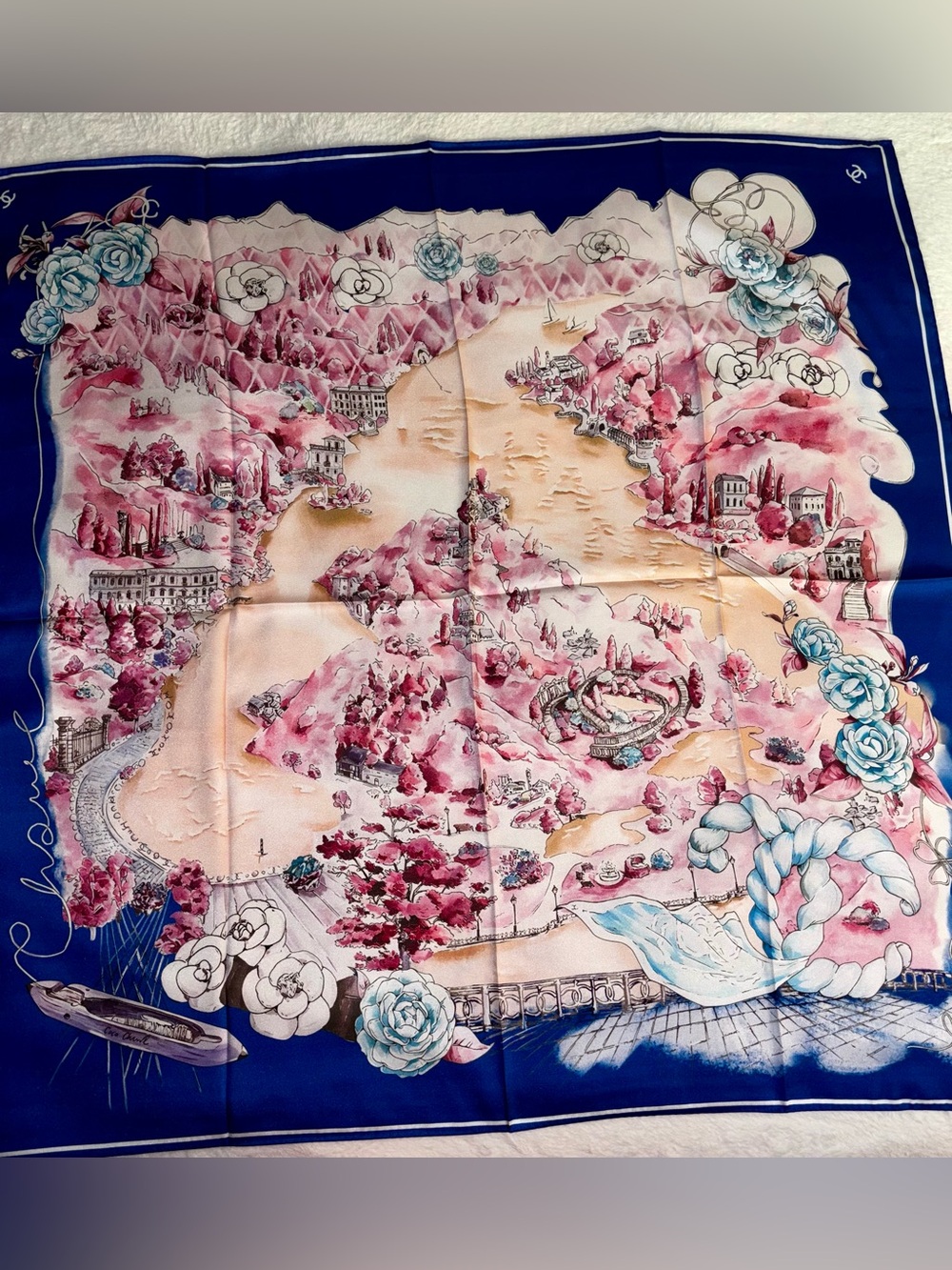 Brand New !! Blue and Pink Scenic Silk Throw Scarf